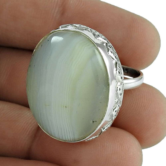 Cocktail Tribal Ring Size 7.5 925 Silver Natural Botswana Agate O25