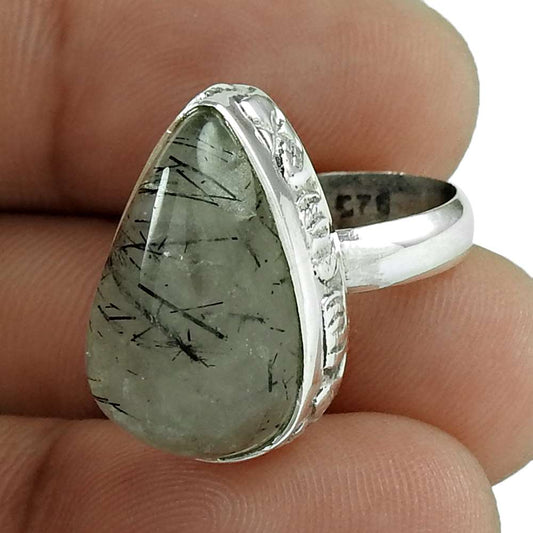 Gift For Women Solitaire Tribal Ring Size 6 925 Silver Natural Black Rutile B12