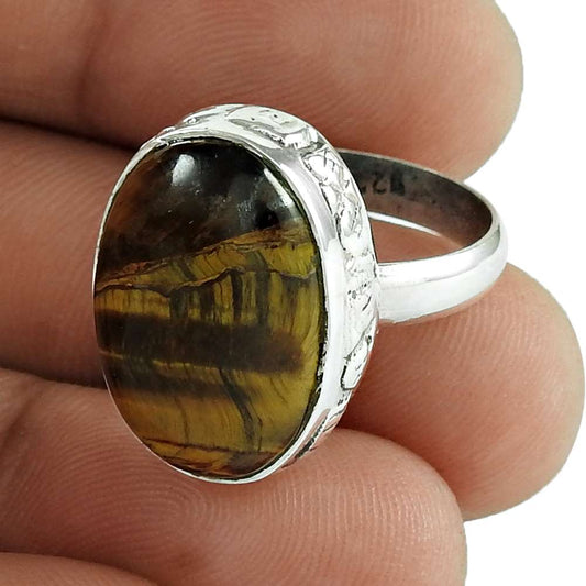 Natural Tiger'S Eye Gemstone Statement Vintage Brown Ring Size 7.5 925 Silver M9
