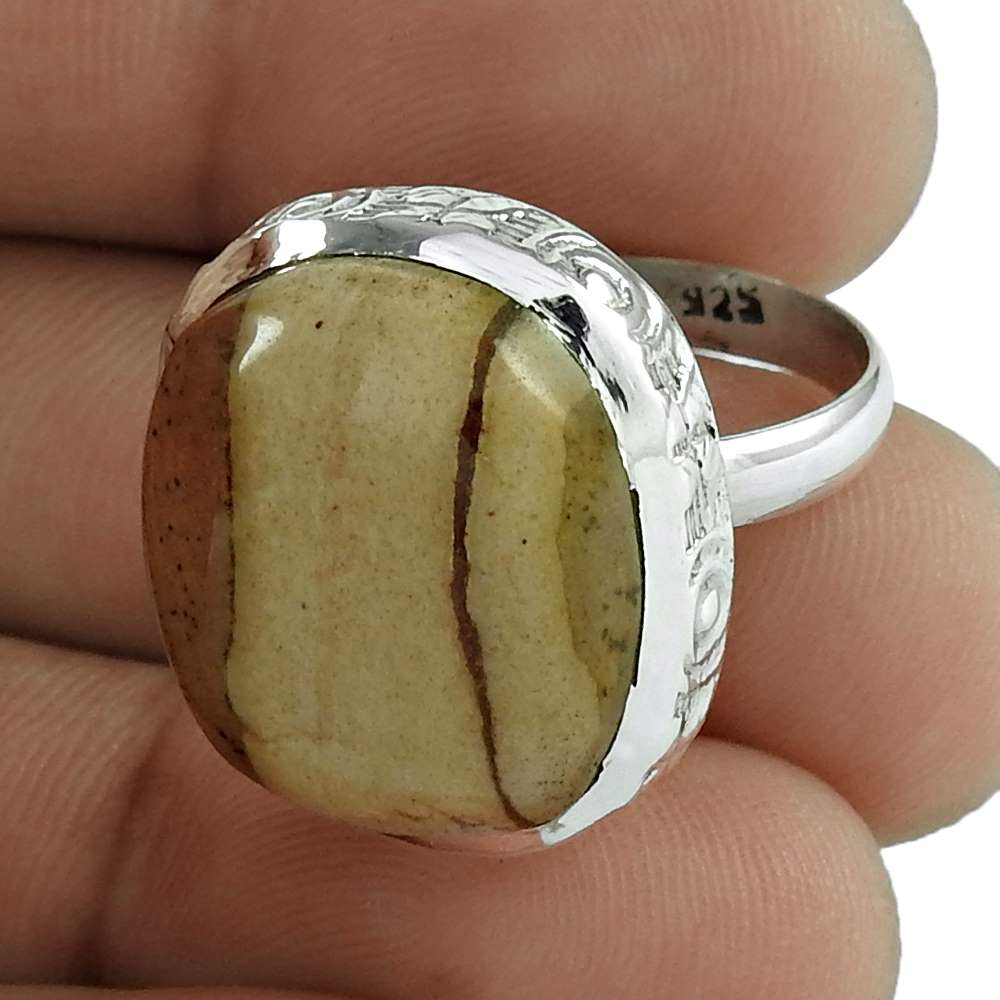 Natural Picture Jasper 925 Silver Solitaire Ethnic Ring Size 7 For Women B21
