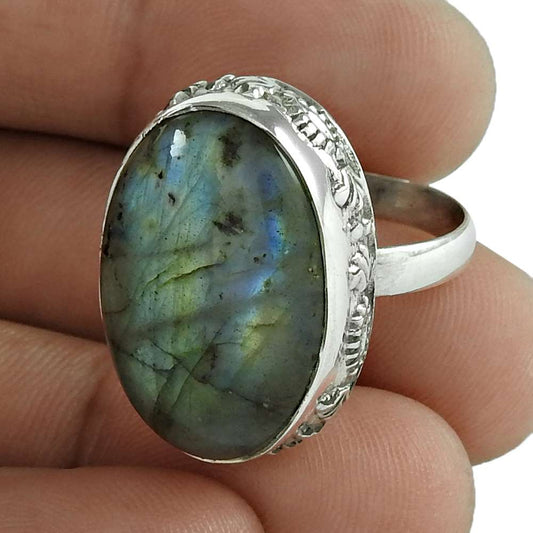 Woman Gift Natural Labradorite Cocktail Boho Ring Size 7 925 Silver E1