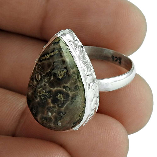 Natural Crinoid Fossil 925 Silver Solitaire Bohemian Ring Size 9 For Women O9