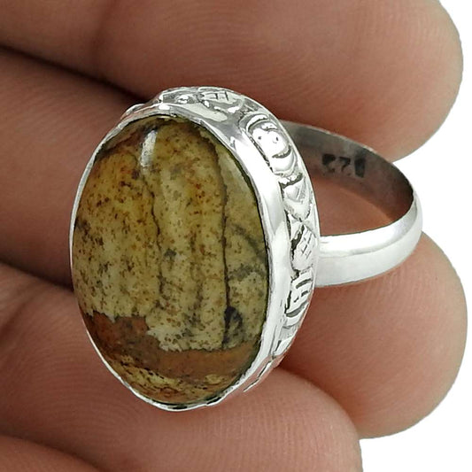 Natural Picture Jasper 925 Silver Cocktail Ethnic Ring Size 6 For Women E8