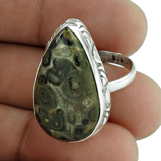 Natural Crinoid Fossil Gemstone Statement Boho Green Ring Size 7 925 Silver G8