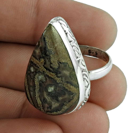 Gift For Her Natural Crinoid Fossil Cocktail Vintage Ring Size 8 925 Silver I20