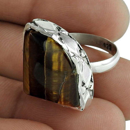 Natural Tiger'S Eye 925 Silver Statement Ethnic Ring Size 6 For Women P5