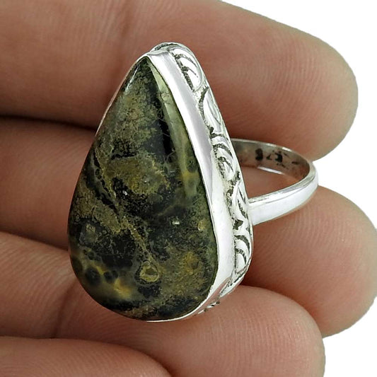 Gift For Her 925 Silver Natural Crinoid Fossil Cocktail Boho Ring Size 7 A11