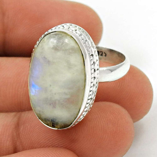 Woman Gift Rainbow Moonstone Bohemian Ring Size 8.5 925 Silver F25