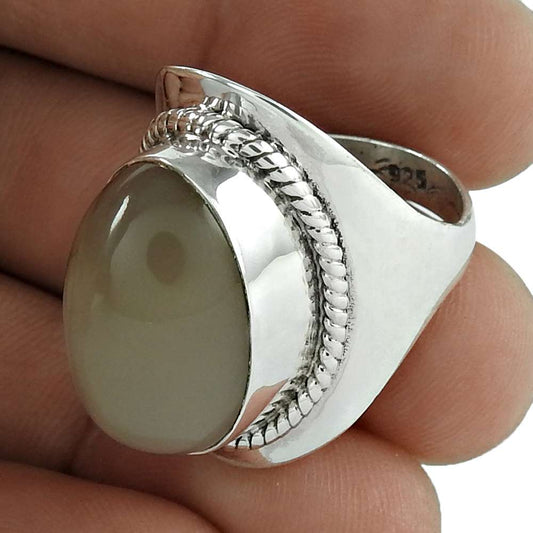 Natural Moonstone Gemstone 925 Silver Solitaire Ring Size 7.5 For Women F6