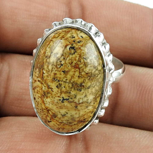 Natural Picture Jasper Statement Vintage Brown Ring Size 8 925 Silver K23
