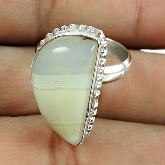Natural Botswana Agate Gemstone Cocktail Vintage Ivory Ring Size 7 925 Silver H8