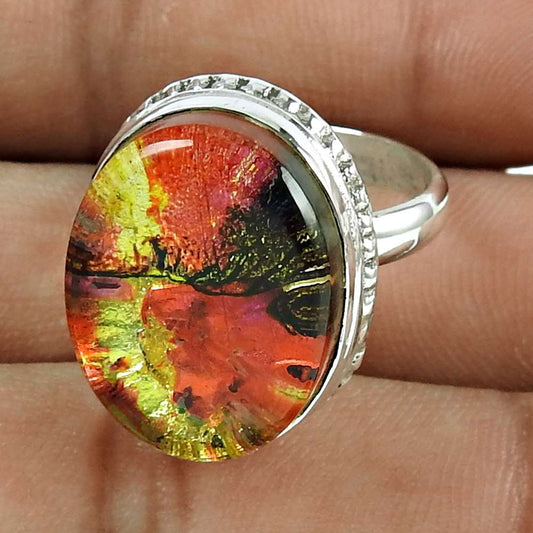 Natural Dico Glass Gemstone Statement Tribal Ring Size 8 925 Sterling Silver L20