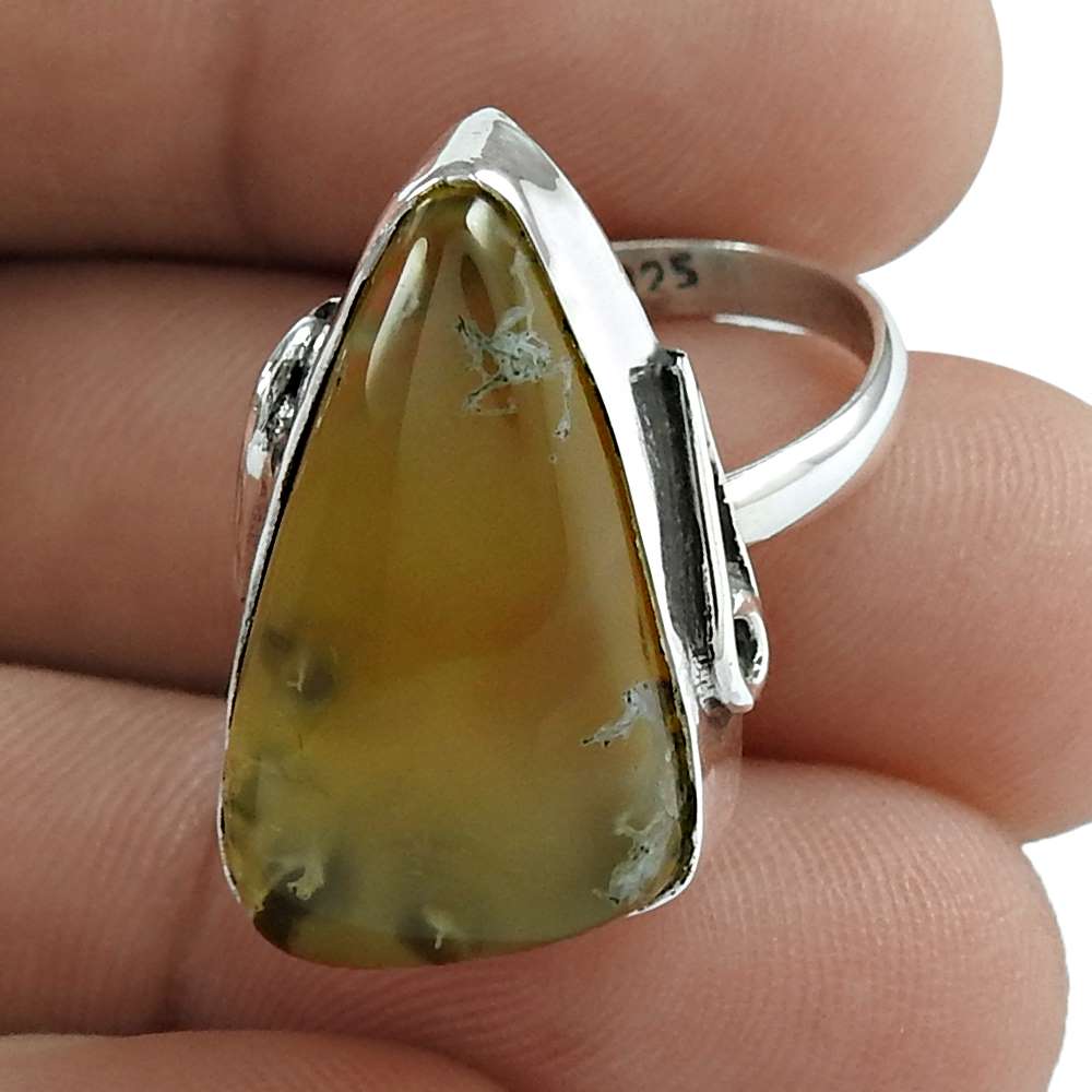 Gift For Her Natural Moss Agate Solitaire Bohemian Ring Size 7.5 925 Silver E12