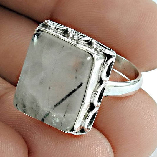 Natural Black Rutile 925 Silver Statement Bohemian Ring Size 7 For Girls B15