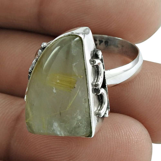 Natural Golden Rutile Statement Tribal Ring Size 7.5 925 Silver For Girls N8