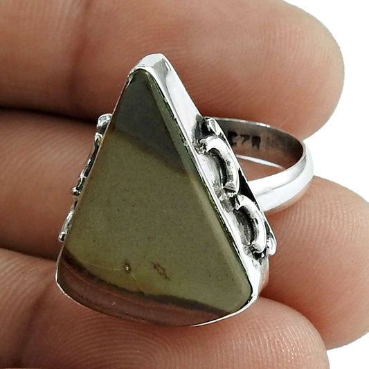 Gift For Her 925 Silver Natural Brush Agate Cocktail Ethnic Ring Size 6 V5