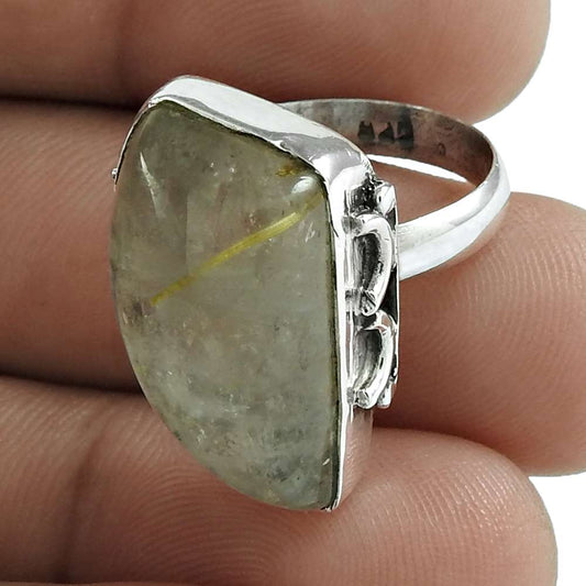 925 Silver Natural Rutilated Quartz Solitaire Bohemian Ring Size 6 F11