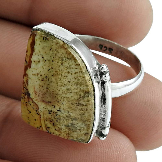 Natural Picture Jasper 925 Silver Solitaire Tribal Ring Size 7.5 For Girls X2