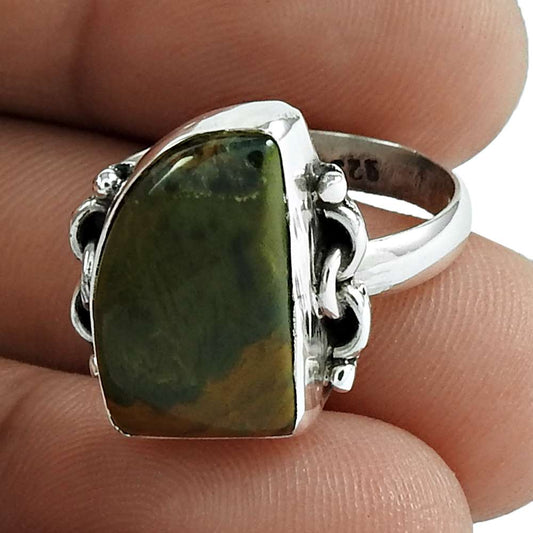 Gift for Her 925 Sterling Silver Natural Green Jasper Ring Size 7 V32