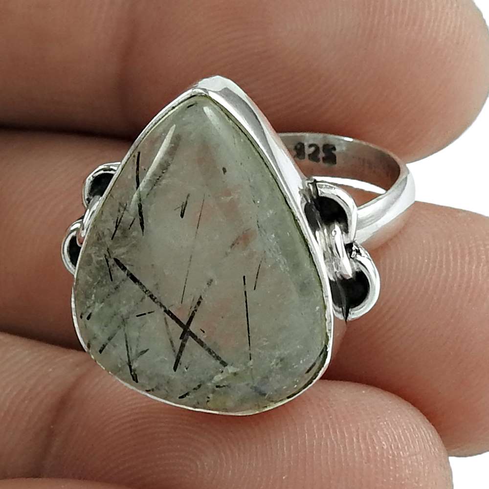 Natural Black Rutile Gemstone Statement Ethnic Gray Ring Size 6 925 Silver F4