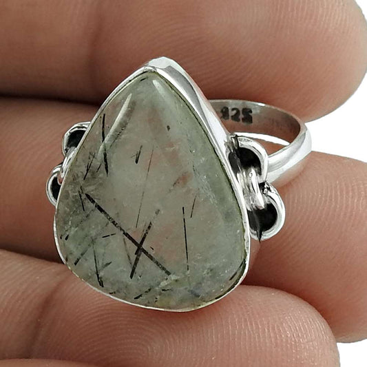 Natural Black Rutile Gemstone Statement Ethnic Gray Ring Size 6 925 Silver F4