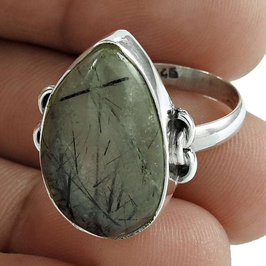 Natural Black Rutile Gemstone Solitaire Boho Ring Size 9 925 Silver For Girls C6