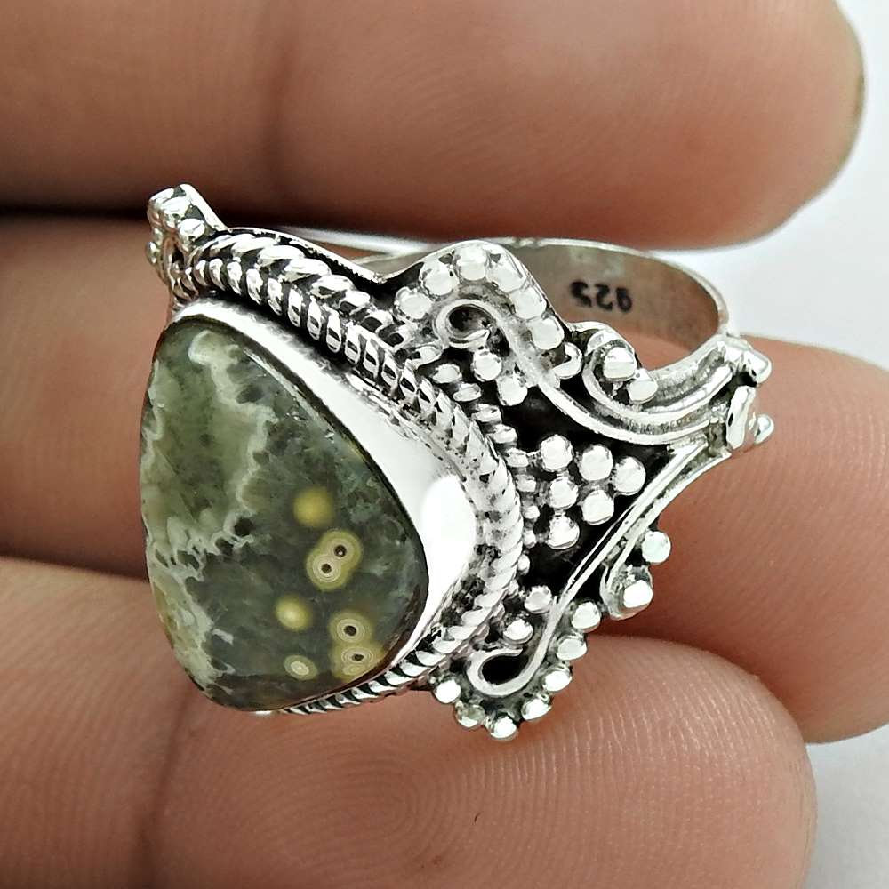 925 Silver Natural Leopardskin Jasper Cocktail Christmas Gift Ring Size 8 N2
