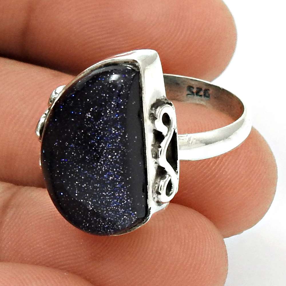 Gift For Her 925 Silver Natural Blue Sunstone Statement Boho Ring Size 8 E21