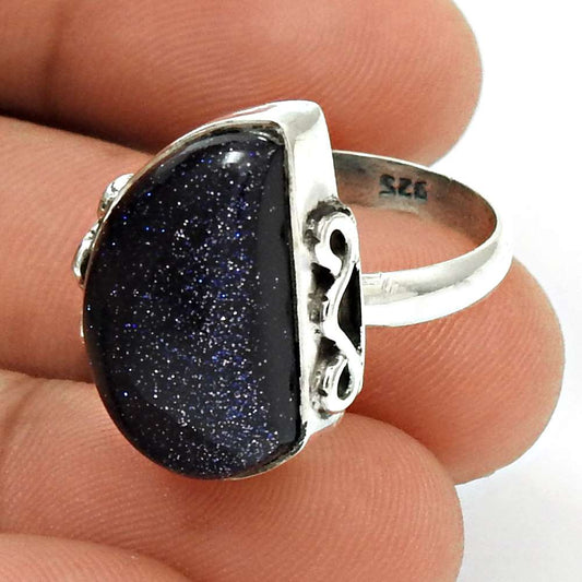 Gift For Her 925 Silver Natural Blue Sunstone Statement Boho Ring Size 8 E21
