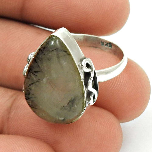 Gift For Her 925 Silver Natural Black Rutile Solitaire Ethnic Ring Size 6.5 F21