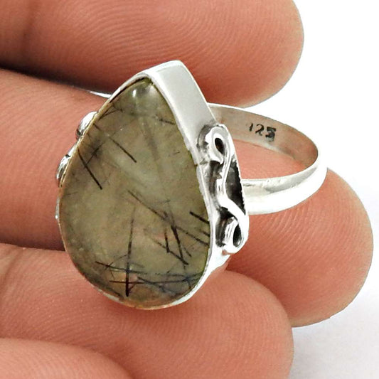 Gift For Women Statement Tribal Ring Size 7 925 Silver Natural Black Rutile G21