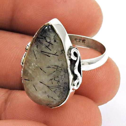Gift For Her 925 Silver Natural Black Rutile Cocktail Woman Gift Ring Size 7 I17