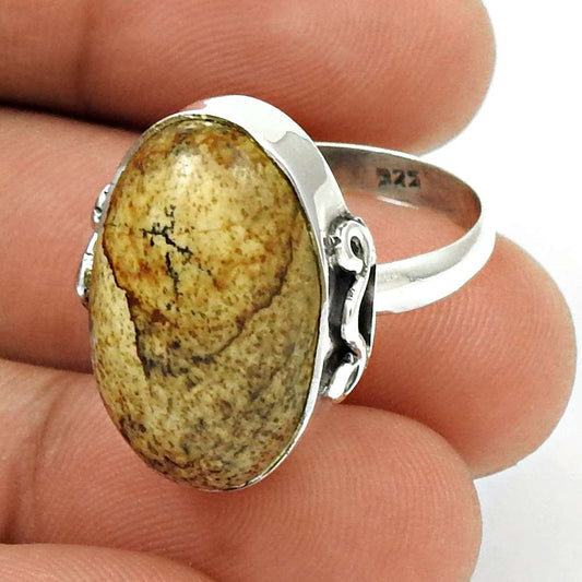 Natural Picture Jasper Solitaire Ethnic Ring Size 8 925 Silver For Girls H21
