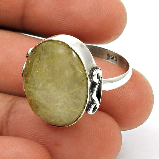 Natural Golden Rutile 925 Silver Solitaire Vintage Ring Size 7.5 For Women G24