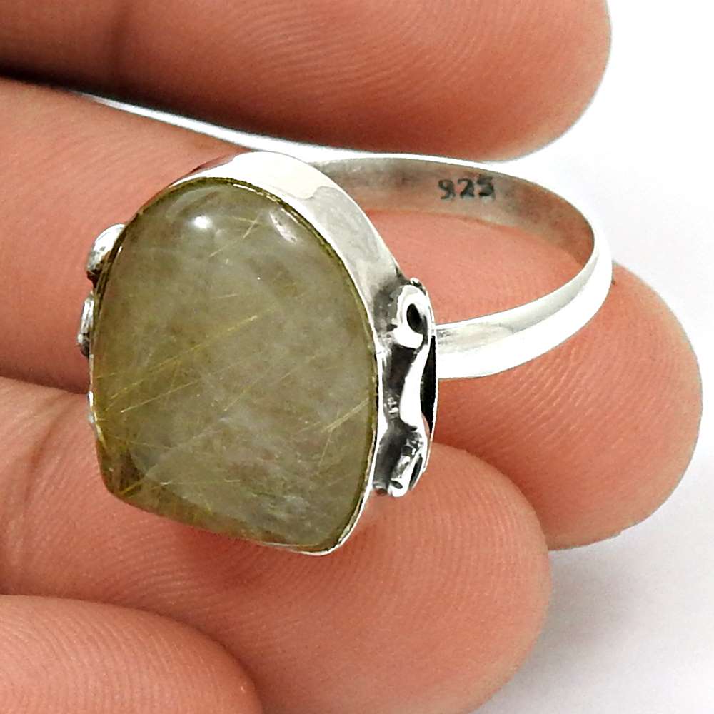 Natural Golden Rutile Statement Boho Ring Size 8.5 925 Silver For Girls I21