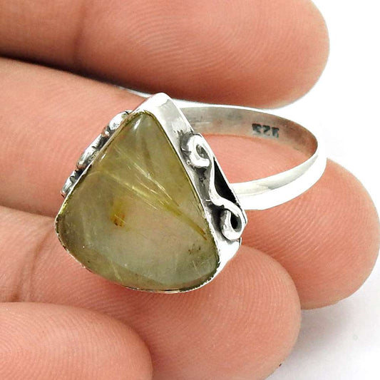 Natural Golden Rutile Statement Tribal Ring Size 8.5 925 Silver For Women A14