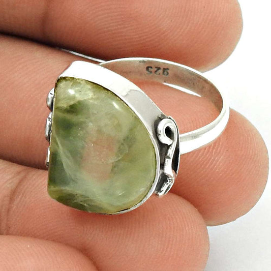 Natural Prehnite Gemstone Solitaire Vintage Ring Size 7 925 Silver For Women J21