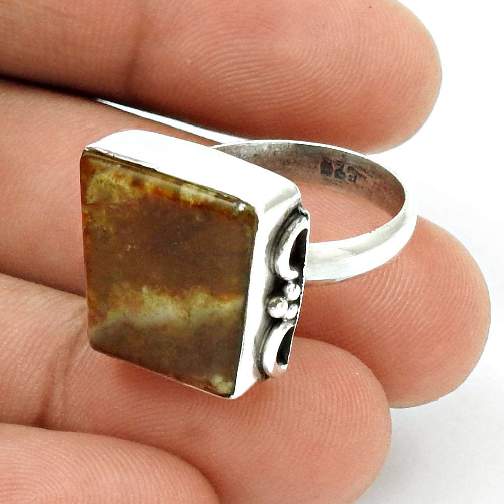 Natural Imperial Jasper Solitaire Ethnic Brown Ring Size 8 925 Silver K24