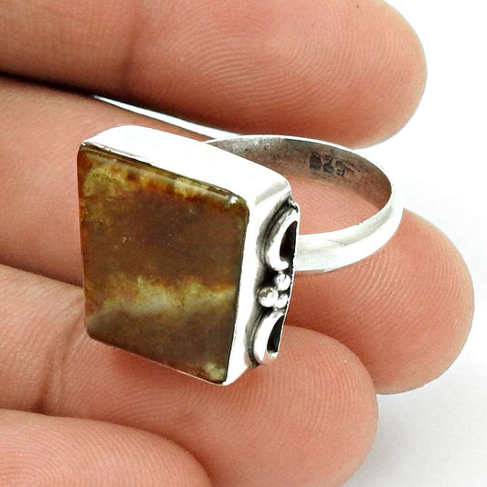 Natural Imperial Jasper Solitaire Ethnic Brown Ring Size 8 925 Silver K24