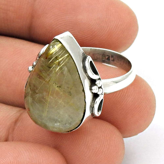 Woman Gift Golden Rutile 925 Silver Statement Boho Ring Size 7 Y26