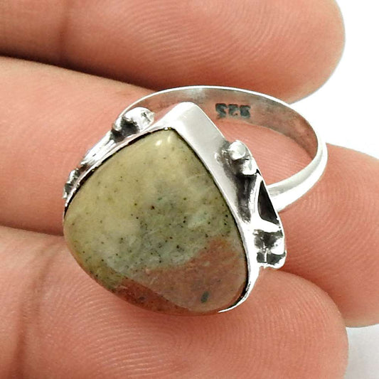 Gift For Her Natural Rhyolite Statement Boho Ring Size 5.5 925 Silver P17