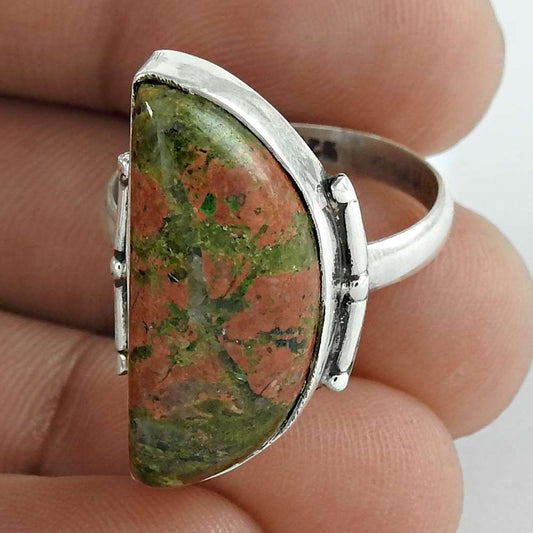 Natural Unakite Gemstone Cocktail Bohemian Green Ring Size 9 925 Silver F16