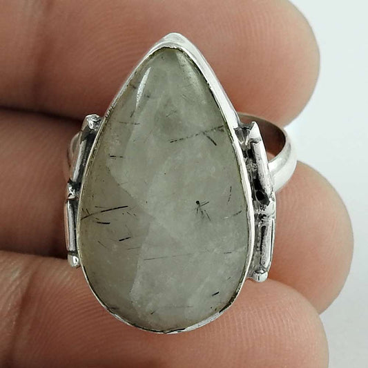 Natural Rutilated Quartz Solitaire Vintage Gray Ring Size 7 925 Silver D13