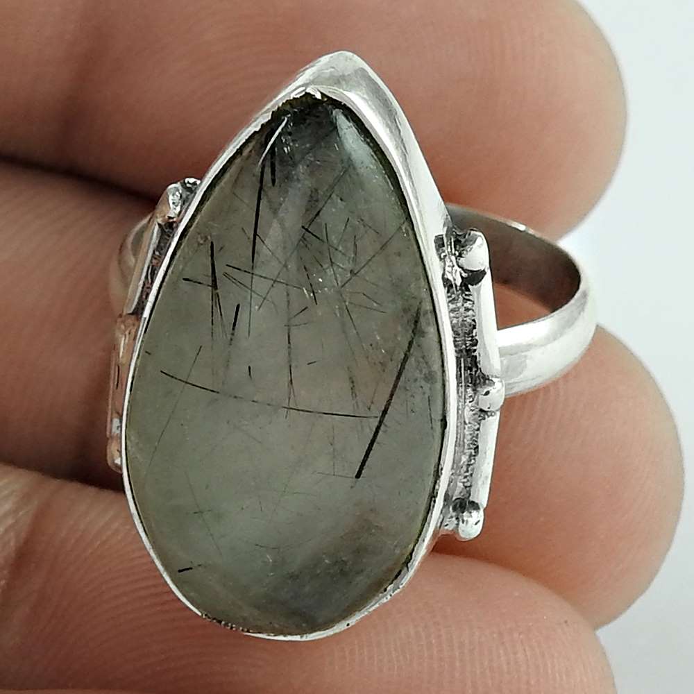 Natural Black Rutile Gemstone Cocktail Bohemian Gray Ring Size 8 925 Silver G16
