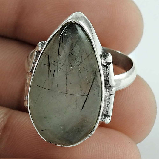 Natural Black Rutile Gemstone Cocktail Bohemian Gray Ring Size 8 925 Silver G16