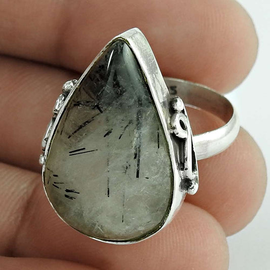 Gift For Her 925 Silver Natural Black Rutile Cocktail Ethnic Ring Size 9 I22