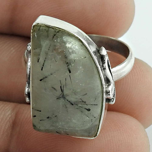 Gift For Women Cocktail Tribal Ring Size 9 925 Silver Natural Black Rutile G19