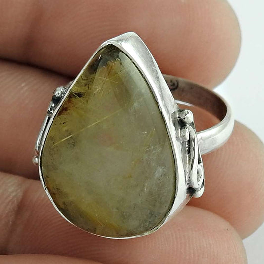 Natural Rutilated Quartz 925 Silver Statement Tribal Ring Size 7.5 For Girls Y25