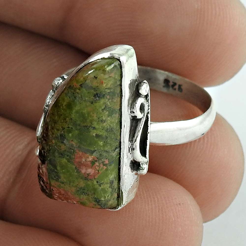 Natural Unakite Gemstone Solitaire Boho Green Ring Size 8 925 Silver T11