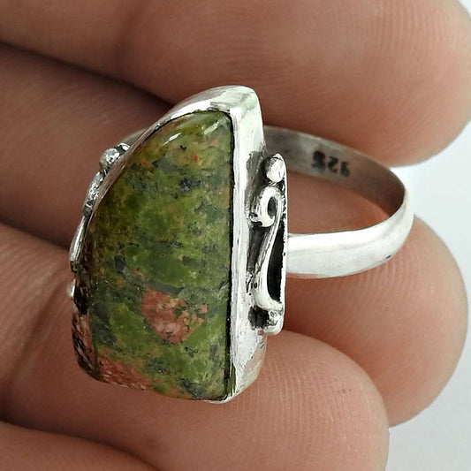 Natural Unakite Gemstone Solitaire Boho Green Ring Size 8 925 Silver T11